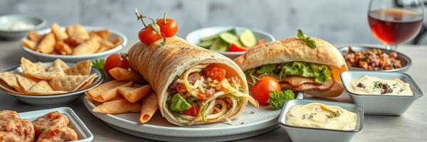 Delicious spread of wraps, snacks, and dips on a wooden table in a cozy restaurant setting photo
