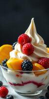 Delicious frozen yogurt topped with fresh raspberries, blackberries, and mango slices in a clear bowl photo