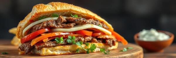Delicious sandwich with grilled meat, fresh vegetables, and creamy sauce served on a wooden board photo