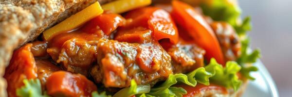 Delicious sandwich with tender meat and fresh vegetables served on whole grain bread photo