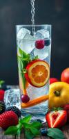 Refreshing fruit-infused drink with colorful ingredients on display in a stylish setting photo