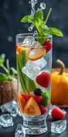 Refreshing fruit cocktail with mint leaves and ice served in a tall glass on a dark background photo