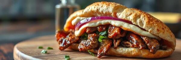 Delicious sandwich filled with savory meat, fresh toppings, and sauce served on a wooden board photo