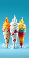 Colorful ice cream cones displayed against a vibrant blue background on a warm sunny day photo