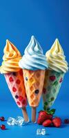 Colorful ice cream cones arranged against a bright blue background on a sunny day photo