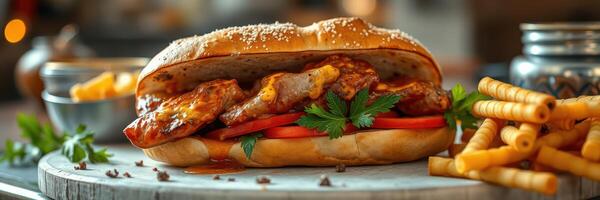 Delicious sandwich with grilled chicken, fresh vegetables, and crispy fries served on a wooden board in a cozy setting photo