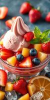 Colorful fruit salad topped with creamy strawberry ice cream served in a glass bowl during a summer afternoon photo