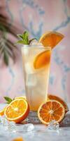 Refreshing citrus drink garnished with fresh orange slices served over ice in a vibrant setting photo