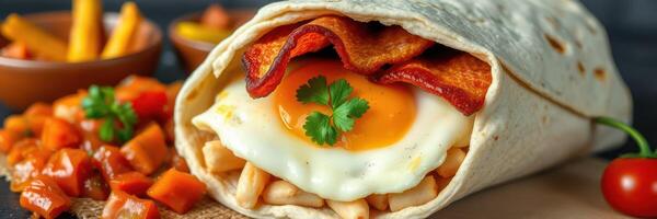 Breakfast burrito with egg, bacon, and salsa served on a wooden table with side of fries photo