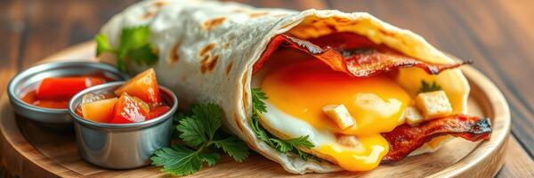 Delicious breakfast wrap filled with egg, bacon, and fresh ingredients served on a wooden platter photo