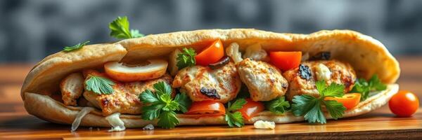 Delicious grilled chicken wrap with fresh vegetables served on wooden table at local eatery photo
