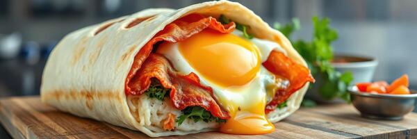 Delicious breakfast burrito filled with eggs, bacon, and fresh ingredients served on a wooden board photo