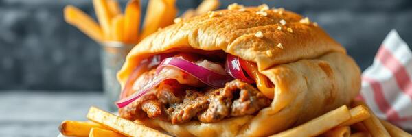 Juicy sandwich with grilled meat and fresh toppings served with crispy fries on a wooden table photo
