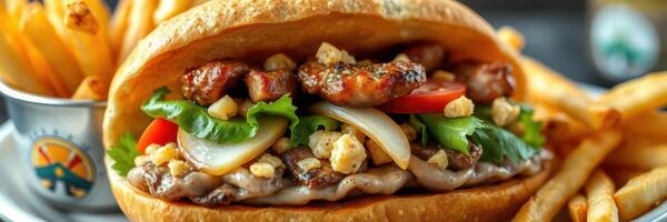 Delicious grilled chicken sandwich with fresh vegetables and crispy fries on a restaurant table photo