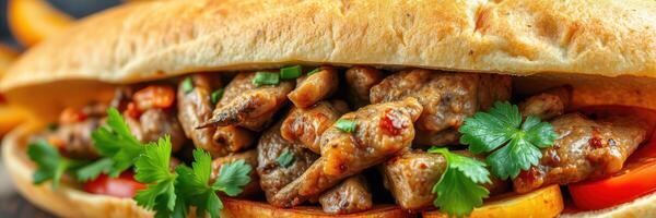 Delicious sandwich filled with grilled chicken, peppers, and fresh herbs for an appetizing meal option photo