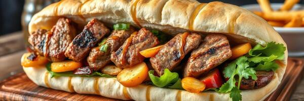 Delicious grilled beef sandwich loaded with fresh vegetables and herbs served on a soft bun photo