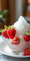 Strawberry dessert served in a clear bowl filled with crushed ice, enjoyed indoors at a cozy cafe photo