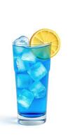 Refreshing blue lemonade with ice and lemon slice served in a tall glass photo