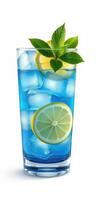 Refreshing blue drink with ice, lemon, and mint served in a tall glass photo