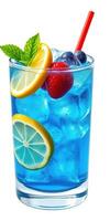 Refreshing blue beverage with fruits served in a clear glass filled with ice photo