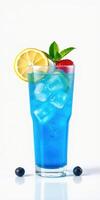 Bright blue tropical drink garnished with lemon, mint, and strawberry served over ice in a tall glass photo
