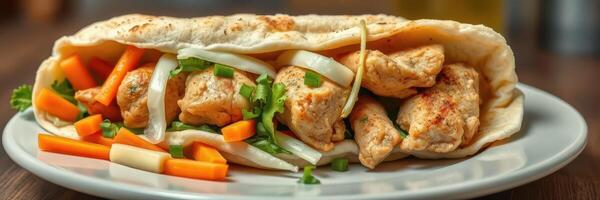 Grilled chicken wrap with fresh vegetables served on a plate in a casual dining setting photo