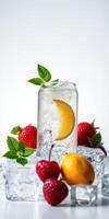 Refreshing drink with lemon and berries on ice surrounded by mint leaves photo