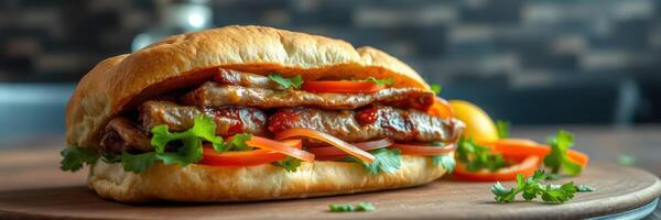 Delicious sandwich filled with savory meat and fresh vegetables served in a cozy setting photo
