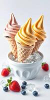 Soft serve ice cream cones arranged beautifully in a bowl with fresh strawberries and blueberries photo