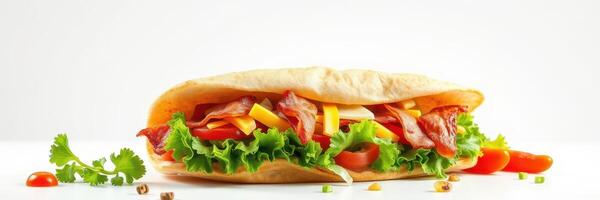 Lettuce, tomato, and bacon sandwich with cheese on a plain background ready to be served photo