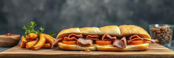 Delicious sub sandwich with roast beef, tomatoes, and fries served on wooden cutting board photo