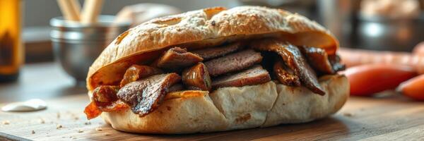 Delicious sandwich with grilled meat and toppings prepared in a cozy kitchen setting photo