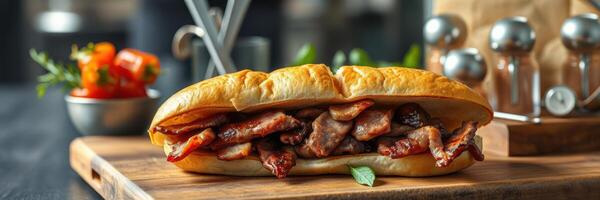 Delicious meat sandwich served on a wooden board with fresh ingredients in a cozy kitchen setting photo
