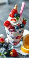 Delicious fruit parfait with whipped cream topped with berries and a waffle cone in a bright setting photo