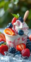 Refreshing dessert with mixed berries and soft serve served in a cup on a sunny day photo