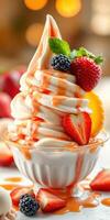Delicious dessert featuring soft-serve ice cream topped with fresh fruits and vibrant syrup in a cozy setting photo