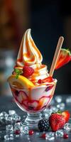 Delicious frozen dessert topped with strawberry, lemon, and caramel sauce served in a glass photo