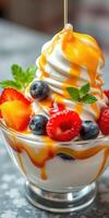 Delightful dessert sundae topped with fresh fruits and syrup at a summer gathering photo
