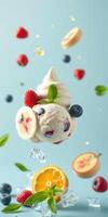Delightful frozen yogurt swirl topped with fresh fruits and mint leaves captured in a playful flying arrangement photo