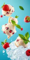 Refreshing strawberry ice cream scoops floating above ice cubes on a vibrant blue background photo