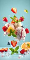 Delicious ice cream scoop garnished with strawberries, mint, and tropical fruits in a refreshing display photo