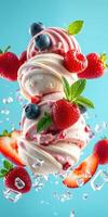 Delicious ice cream scoops with fresh fruits and mint leaves suspended in the air on a bright blue background photo