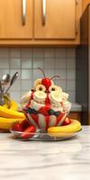 Colorful dessert bowl topped with bananas, cherries, and strawberries on a kitchen countertop photo
