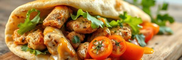 Freshly made wrap with grilled chicken, tomatoes, and lettuce served on a wooden board for a delightful meal experience photo