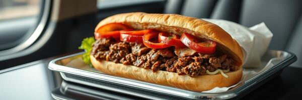 Delicious sandwich with savory beef and fresh vegetables served on a train table photo