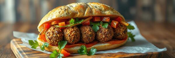 Tasty falafel sandwich served on a wooden board with fresh vegetables and herbs at a casual dining spot photo