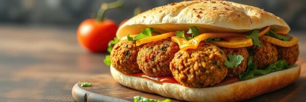 Delicious falafel sandwich with fresh ingredients served on a wooden cutting board photo