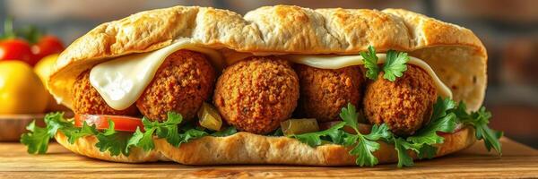 Freshly made sandwich with crispy falafel, vegetables, and cheese served on a rustic wooden table photo