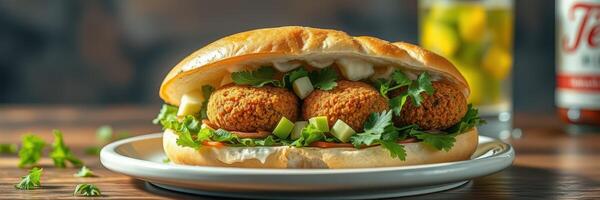 Delicious falafel sandwich served on a plate with fresh vegetables and a refreshing drink nearby photo