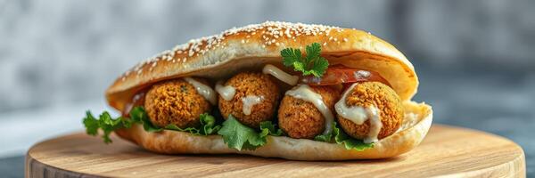 Delicious falafel sandwich served on wooden board with fresh herbs and sauce photo